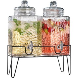 Beverage Dispensers - Set of 2 Glass Drink Dispensers with Metel Stand - 1.5-Gallon Capacity - Perfect for Lemonade, Juice, Water, Iced Tea, Punch