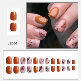 Thanksgiving Press on Square Nails Short Length Glossy Full Cover Acrylic False Nails with Maple Leaf Designs Artificial Square Shaped Fake Nails with Charms Glue ons Fingernails for Women(JB366)