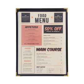 Ylittaa Menu Covers, Single Page, 1 Pocket, 2 View, for 8.5" x 11" Letter Size Paper, Pack of 6, Black Edging + Gold Metal Corner, Made with Leatherette & Vinyl