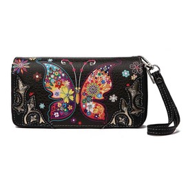 Western Style Butterfly Rhinestone Concho Studded Embroidered Floral Country Wrist Strap Women Wristlet Double Zip Wallet, Black2, One Size, Casual