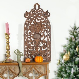 Sungmor Vintage Cast Iron Wall Plaque - Antique Style Carved Artwork, Decorative Metal Art Panel - Intricate Scroll and Floral Vase Design - Rustic Home & Garden Décor - 18" x 8", Natural Rust