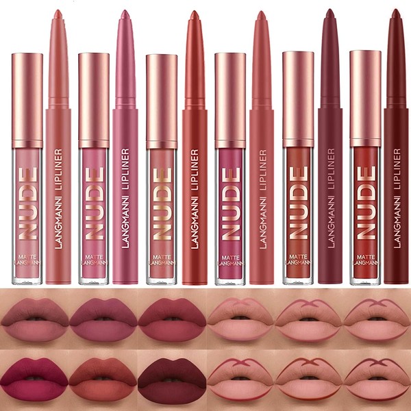 Matte Lipstick with 6 Lip Liners, Permanent Lip Gloss, Durable