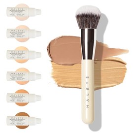 HALEYS Beauty Kabuki - Brocha de maquillaje + 6 mini juego de base para tinte de piel, brocha de mezcla para polvo, base, bronceador, rubor y maquilla