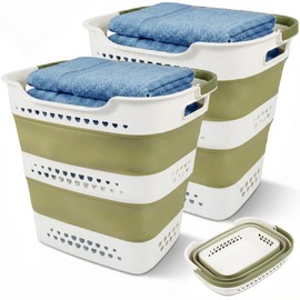 2 Pcs 42L/11.2 Gal Collapsible Laundry Basket - Foldable Plastic Pop Up Hamper with Handles, Space-Saving Storage Organizer for Wet & Dry Clothes, Ideal for Home, Dorm and Apartment Use Green