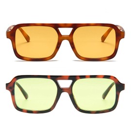 LJCZKA Retro Sunglasses Aviator Glasses for Men Women Classic 70s Flat Square Double Bridge Sunglasses with UV400 Protection, Leopard orange + leopard light green
