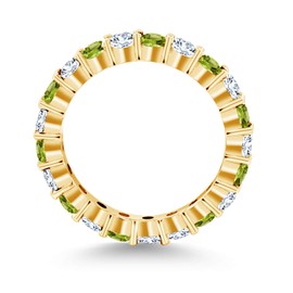 Gem Stone King 1.20 Cttw Round Green Peridot and White Created Sapphire 18K Yellow Gold Plated Silver Eternity Band Ring For Women | Gemstone Birthstone | Available In Size 5, 6, 7, 8, 9