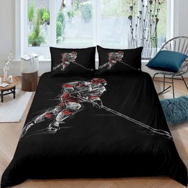Ice Hockey Bedding Set Winter Ice Sports Theme Comforter Cover for Kids Boys Girls Teens Hockey Player Print Duvet Cover Black Winter Sports Hobby Bedspread Cover Room Decor Quilt Cover Single Size