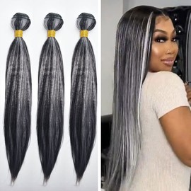 HeioWuio P4/Grey Straight Hair Bundles Brazilian Remy Extensions Ombre Tow Tone Weaves Real Unprocessed Virgin Brown And Grey Hair 1 Bundle 30 Inch