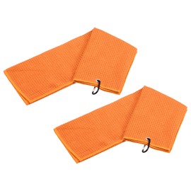 YOKIVE 2 Pcs Tri-Fold Golf Towels, Golf Club Waffle Pattern Towels with D Clip for Golf Balls Lovers (Orange, 12x12-Inch)