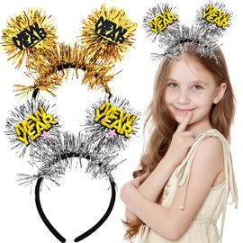 Arvintas 2 PACK Happy New Year Headband with Star Boppers and Silver Tone Tinsel, Glitter Headwear Party Decorations, Hair Hoops Accessories for Christmas New Year Eve Party Supplies