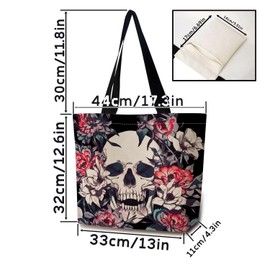 ZhuVantrix Floral Skull Tote Bag Reusable Grocery Bags Cute Aesthetic Shopping Shoulder Handbag with Interior Zipper Pocket Lightweight & Washable Stylish Floral Skull Present for Women
