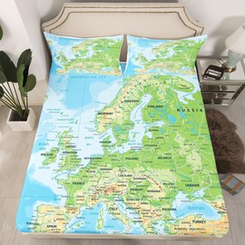 Erosebridal World Map Sheet Set Queen Size, Blue Ocean Bedding Set for Kids Boys Girls, Map of Various Countries Fitted Sheet Abstract Art Bed Sheet Teens Adult Dorm Decoration