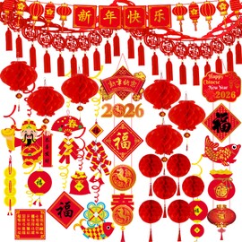 Winlyn Chinese Lunar New Year Party Decorations Oriental Red Lanterns Good Luck Garlands Hanging Festive Ornaments Party Swirls New Year Banner Honeycomb Balls for Asian Horse Year Wedding 2026 Decor