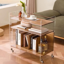 Acrylic End Table with Wheels, 3-Tier Clear Sofa Side Table Modern Coffee Table with Open Bamboo Storage Shelf, Rolling Storage Acrylic Cart Home Decor Nightstand for Living Room Bedroom (Tawny)