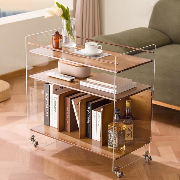 Acrylic End Table with Wheels, 3-Tier Clear Sofa Side Table