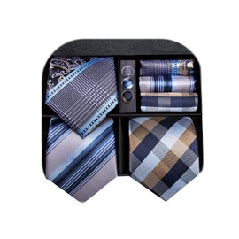 Hi-Tie 3 Pcs Gift Box Mens Tie Set Necktie with Pocket Square Cufflinks Lapel Pin Silk Neck Tie Collection,Grey Blue