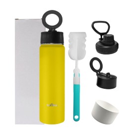 SUVIRA Magnetic Lid Water Bottle with 2 Lids, Double Wall Stainless Steel Insulation,Tripod,Phone Holder,Vacuum Insulated,Leakproof Lid,Gourde isotherme,Sport,Gym, Hiking. (Yellow, 25 Ounces)