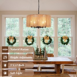 KOOFREDDO 5 Lights Boho Chandelier for Dining Room，19" Hand-Woven Pendant Light Fixture Hanging Rattan Chandelier for Living Room Kitchen Entryway Hallway Foyer, Height Adjustment