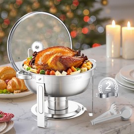 VEVOR Chafing Dish Buffet Set,5 Qt 2 Pack,Stainless Steel Chafer with 2 Full Size Pan,Round Catering Warmer Server with Glass Lid Water Pan Folding Stand Fuel Holder, for Wedding Party Banquet, Silver