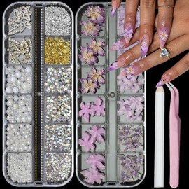 SEMATA 2 Box 3D Flower Nail Charms, Purple Nail Gems Gold Silver Butterfly Flatback Pearl Nails Rhinestones Charms for Nails Art Jewels Design Decor(Purple)