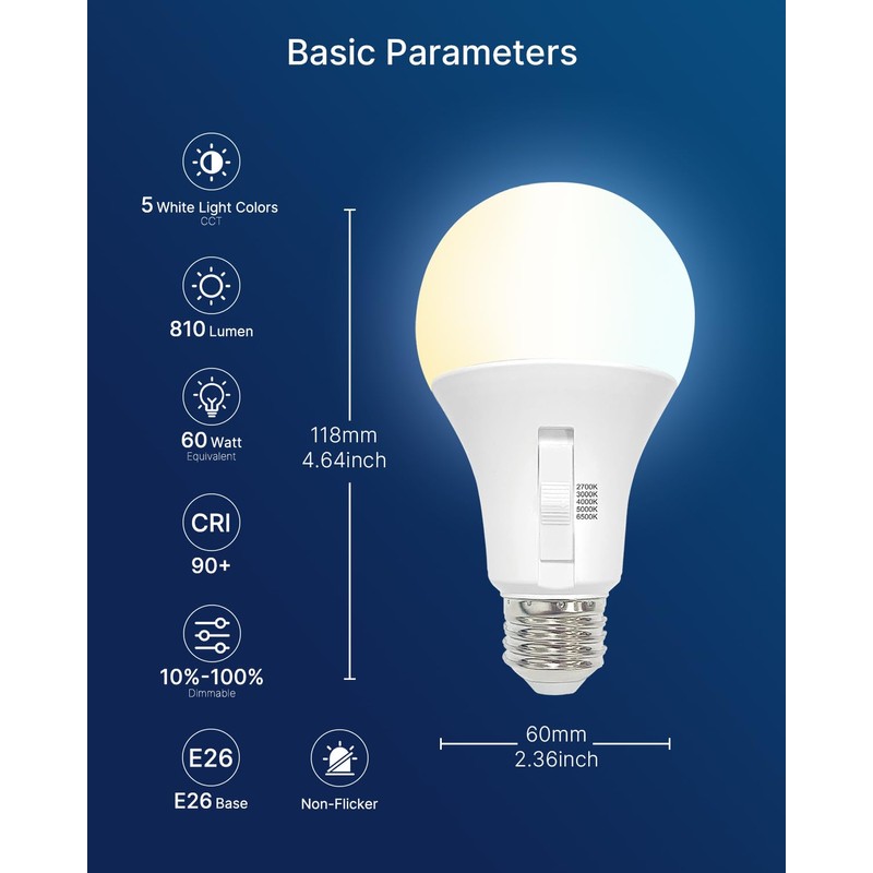 FLSNT A19 Dimmable LED Light Bulb, 9W (60W Equivalent), 5