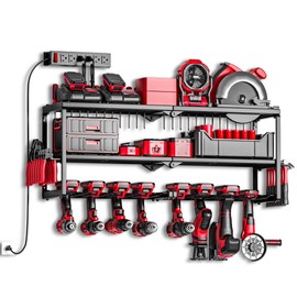 Modular Garage Power Tool Organizer with Charging Station, Fully Welded Heavy Duty Metal Tool Organizer Wall-Mount, 8 Cordless Drill Holder Storage Rack with Battery Holder, Home Utility Racks