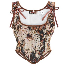 Dreay Womens Vintage Asymmetrical Hem Overbust Corset Tie Front Lace-up Back Daisy Print Bustier Top 22112-Black-L