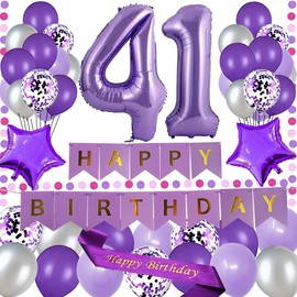yujiaonly 41st Birthday Party Decorations Purple Happy Birthday Paper Banner Purple 40inch Number 41 Happy birthday Sash Latex and Confetti Balloons Perfect for 41 Years Old Party Supplies Balloons Number 41 Purple
