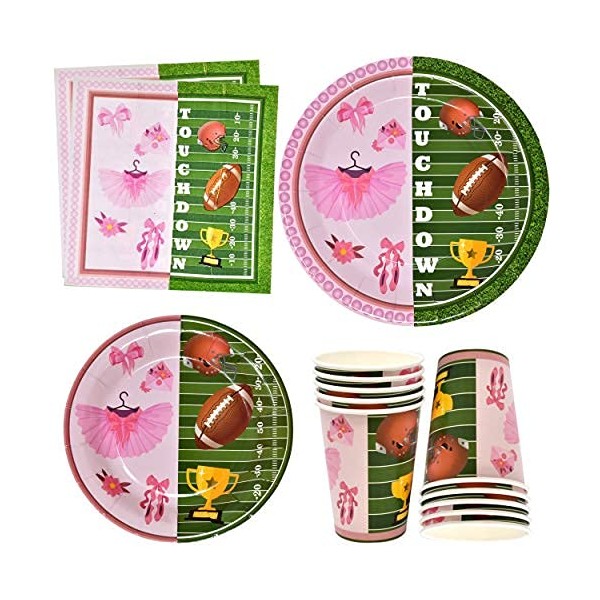 Tutus or Touchdowns Gender Reveal Party Supplies Tableware Set 24 9" Plates 24 7" Plate 24 9 Oz Cups 50 Lunch Napkins for Girl Pink Ballerina Dancer or Boy Football Field Day Baby Shower Dinnerware