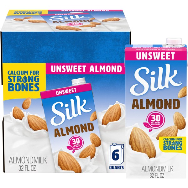 Silk Shelf-Stable Almondmilk, Unsweetened, Dairy-Free, Vegan, Non-GMO Project Verified, 1 Quart (Pack of 6)