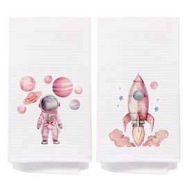 Space Bathroom Decor, Pink Space Kids Hand Towels Set of 2, Space Nursery Decor Bathroom Hand Towels, Pink Astronaut Rocket Decorative Hand Towels for Kids Bathroom, Girls Bathroom Decor, 16x24 Inches