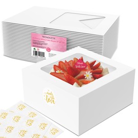 Trendazer Cake Boxes 8x8x5 Inch 25 Pack with Window, 30 Bonus Sticker, Auto Popup, Extra Thick, Oil Resistant, Ideal for Cookie, Pie, Treat, Pastry, Bakery