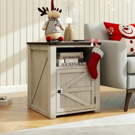 MUUEGM End Table with Charging Station, 18'' Rustic Wood Nightstand with Barn Door, Farmhouse Bed Side Table Adjustable Shelf for Living Room, Bedroom, White, Set of 1