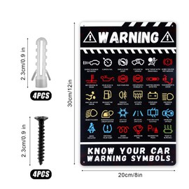 Car Warning Lights Sign, Know Your Car Warning Symbols Sign Aluminum Metal Tin Sign Car Funny Mechanic Sign Car Warning Sign Car Posters for Men Garage Room Office Decor