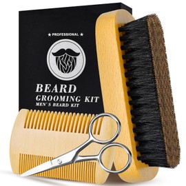 Men's Beard Brush, Beard Comb Set, Grooming kit with beard scissors, natural boar bristle brush, double wooden comb and travel bag, Perfect for, Valentine's Day gift