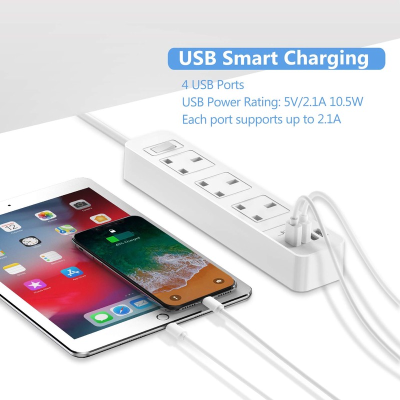 JSVER Extension Lead USB, Power Socket with 3 Outlet 4