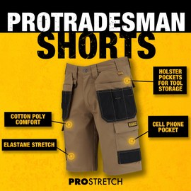 DEWALT Protradesman Men's Poly Cotton, Stretch, Multi Pocket Work Shorts, Tan, 32