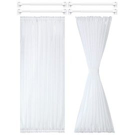 1 Set 2 Panel French Door Curtain Half Door Curtain Panel Sheer Voile Rod Pocket Curtain Panel with 4 Pieces Adjustable Curtain Rod and 8 Pieces Adhesive Curtain Rod Hooks (White,54 x 72 Inches)
