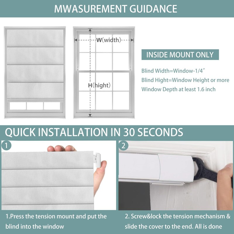 Changshade No Drill Roman Shades for Windows,Cordless Roman Blinds No