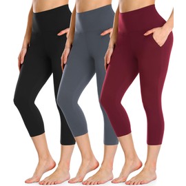 FULLSOFT 3 Pack Capri Leggings for Women with Pockets High Waisted Black Workout Yoga Pants (3 Pack Capri Black, Dark Grey, Wine(with Pockets), Large-X-Large)
