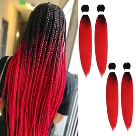 Pre Stretched Braiding Hair 24" 4 Packs/Lot Professional Itch Free Hot Water Setting Synthetic Braids Fiber Crochet Easy Braiding Yaki Texture Hair Extension Twist Braid(1B/Red)