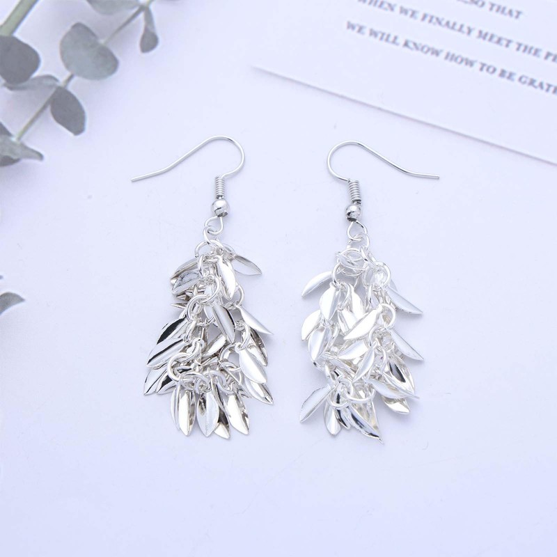 Cybche Boho Olive Leaf Earrings Dangle Silver Leaves Earrings Cluster