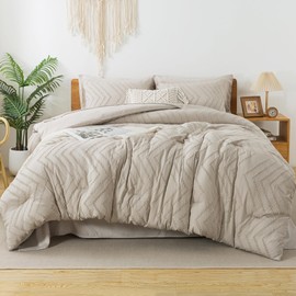 Litanika Comforter Full Size Set with Sheets Beige - 7 Pieces Bed in a Bag Full Chevron Tufted Complete Beddding Sets with Comforter, Sheets, Pillowcases & Shams