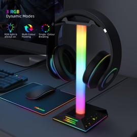 VAKUMAX RGB PC Gaming Headset Stand with Charging Hub - 3 Ports (USB/Tpye-C Charging Port), Headphone Holder with 10 Color Modes, Touch Control, Desk Organizer & Cable Management