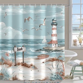 Nautical Coastal Shower Curtain for Bathroom, Ocean Beach Lighthouse Seasides Sailboat Bathroom Curtains 72X72 Inch, Blue Teal Polyester Fabric Waterproof Shower Curtain with 12 Hooks