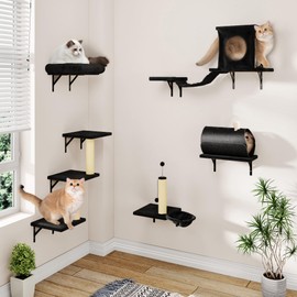 NUNU LAB Wall Mounted Cat Furniture Set - 7 Pcs Climber Set with House, Tunnel, Bridge, Steps, Hammock, Wooden Climbing Wall with Scratching Post - DIY Walls Playground, Indoor Cat Shelves - Black
