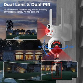 GAIEXCE No WiFi Security Cameras Wireless Outdoor, Solar Powered Dual Lens 4G Cellular Security Camera, 360°PTZ, 2K Color Night Vision, PIR Motion, Two-Way Talk, 300MB SIM Card