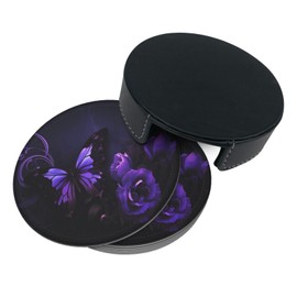 6 Pcs Flower Butterfly Purple Floral Watercolor Butterflies Leather Coasters for Drinks with Holder Coaster Sets Drink Table Cup Coasters for Living Room Kitchen Coffee Decor