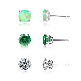 3 Pairs Stud Earrings Set, 14k White Gold Plated Green Opal Studs Hypoallergenic Stainless Steel Cubic Zircon Stud Earrings CZ Diamond Earrings for Women Men for Sensitive Ears