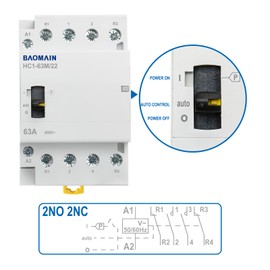 Baomain Manual Household AC Contactor 220VAC 63A 4 Pole 2NO2NC 50/60Hz Modular Contactor Circuit Manual/Automatic Control 35mm DIN Rail HC1-63M/22 (63 Amp.)